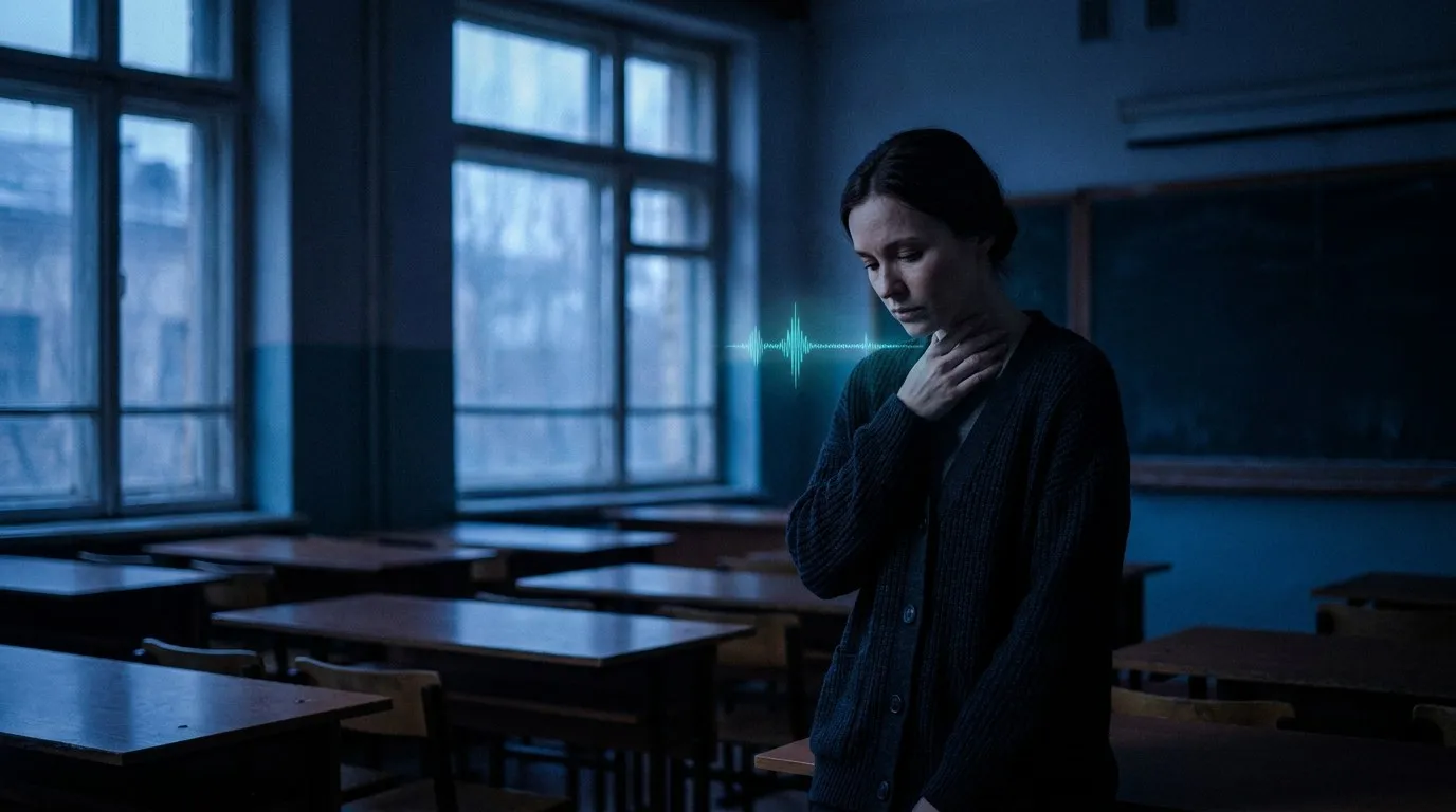 Profesora en un aula vacía al atardecer, con la mano en el cuello y una onda de luz a la altura de la garganta.