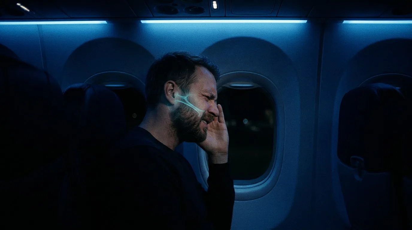 Hombre en el asiento de un avión de noche que se lleva la mano al oído; una línea de luz une la nariz con el oído.