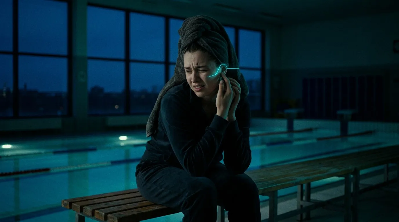 Mujer con el pelo mojado y una toalla, sentada junto a una piscina de noche, con la mano en la oreja y una línea de luz en la entrada del oído.