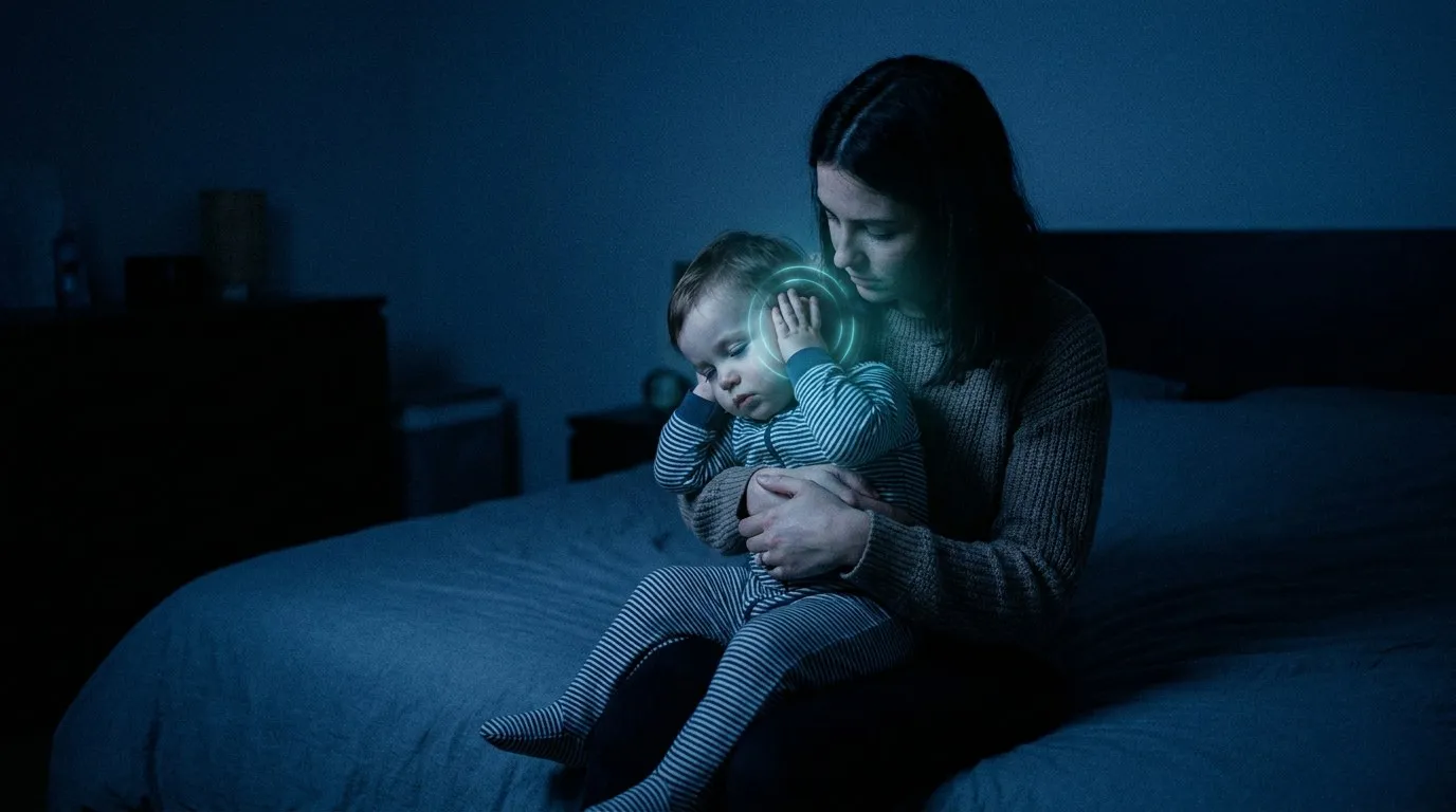 Madre sentada en la cama de noche con su hijo pequeño en brazos; el niño se tapa un oído, rodeado por un suave anillo de luz.
