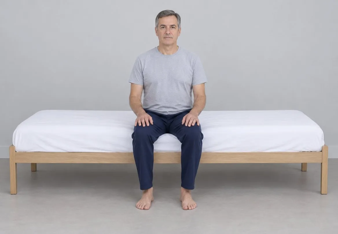 Hombre sentado en el borde de la cama, mirando al frente.