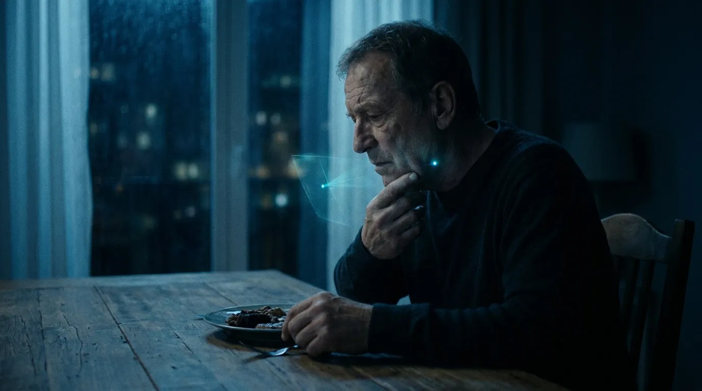 Hombre mayor sentado a la mesa que se toca bajo la mandíbula mientras come; un punto de luz marca la glándula.