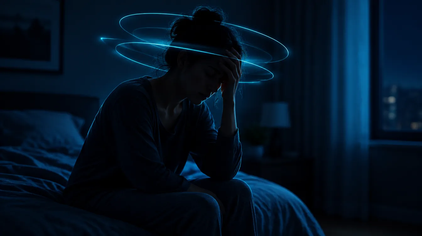Persona sentada al borde de la cama con la mano en la frente, mareada; a su alrededor, anillos de luz que sugieren que la habitación gira.